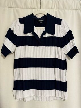 Steve Madden Navy & White Ribbed Short Sleeve Polo
